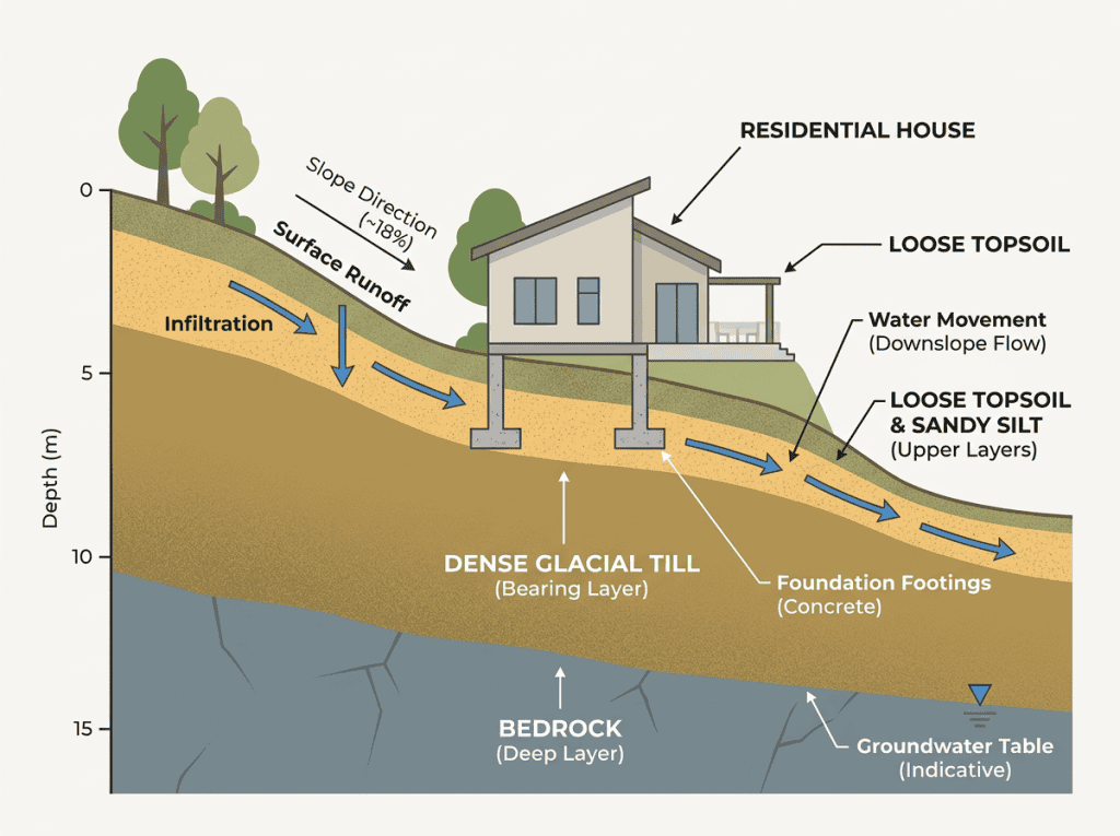 Foundation problems Port Moody: cross-section diagram of a hillside residential lot showing soil layers: loose topsoil and post-glacial sandy silt at the surface, dense glacial till below, bedrock at depth. Foundation footings shown resting on the glacial till layer. Arrows showing water movement downslope through the surface layer.