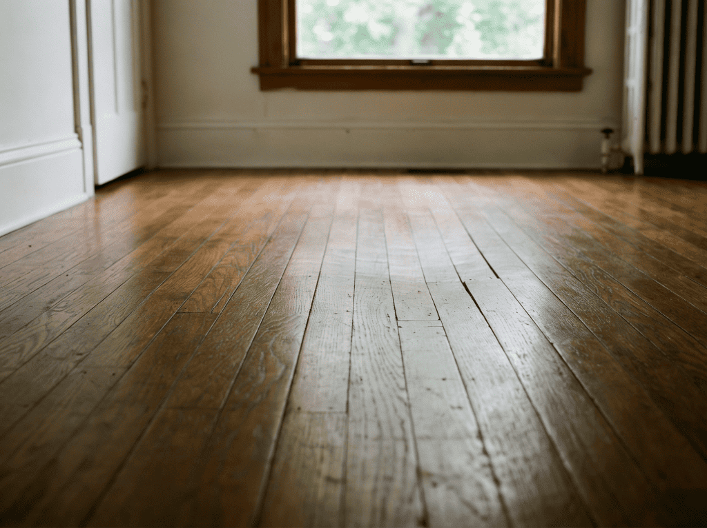 A close-up, ground-level view of worn hardwood floors in an older BC-style home interior, showing a subtle but visible sag or dip toward the centre of the room. Soft natural light from a window. The floor looks lived-in, not dramatic.