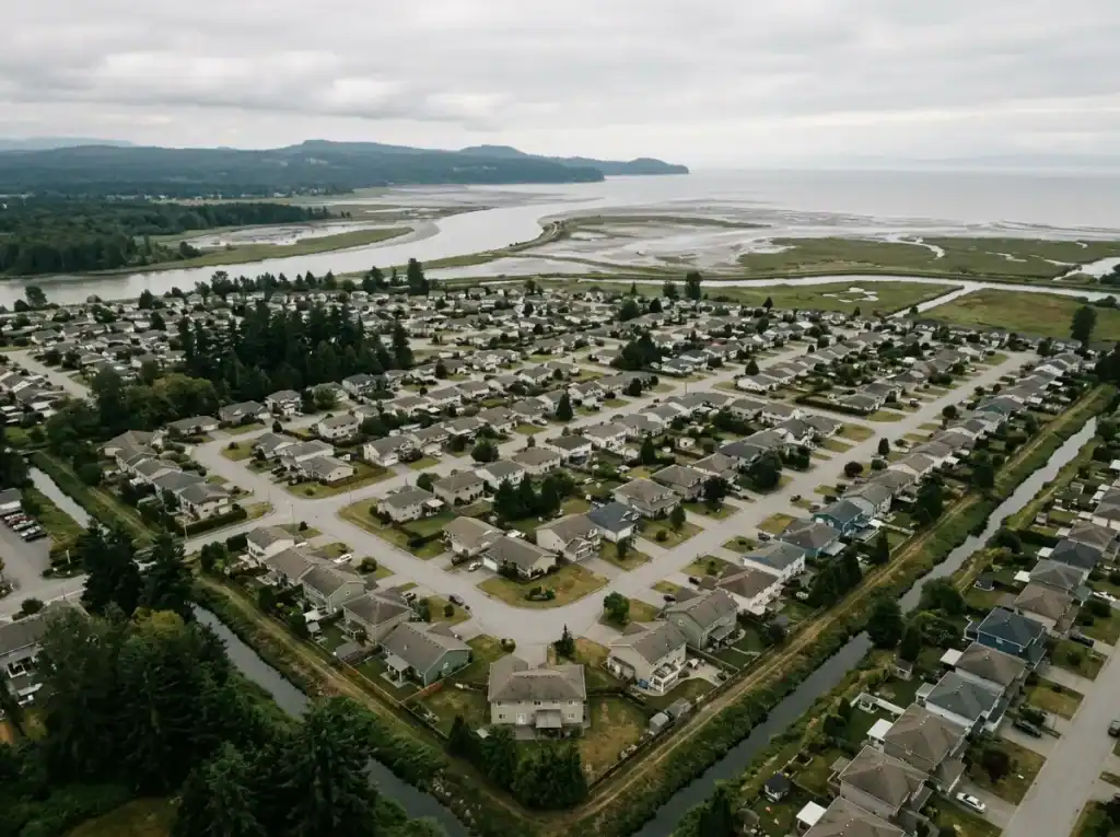 Foundation repair in Tsawwassen BC: Aerial view of a flat residential neighbourhood on a coastal delta plain in British Columbia, with homes on low-lying land visible from above, water visible in the background, overcast Pacific sky, muted greens and greys, subtle sense of soft ground and flatness.