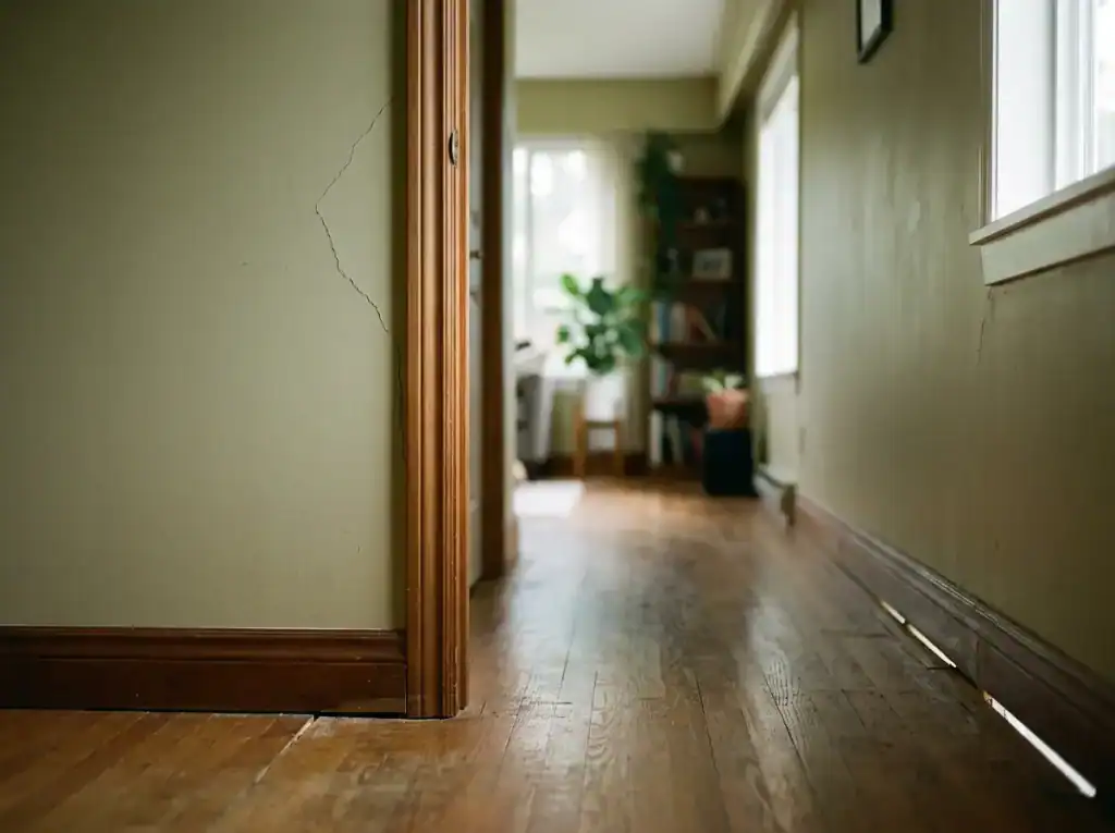 Interior of a BC home showing subtle but clear signs of foundation settlement — a slightly uneven floor, a door frame with a diagonal crack at the corner, daylight visible in a gap between the baseboard and the wall.