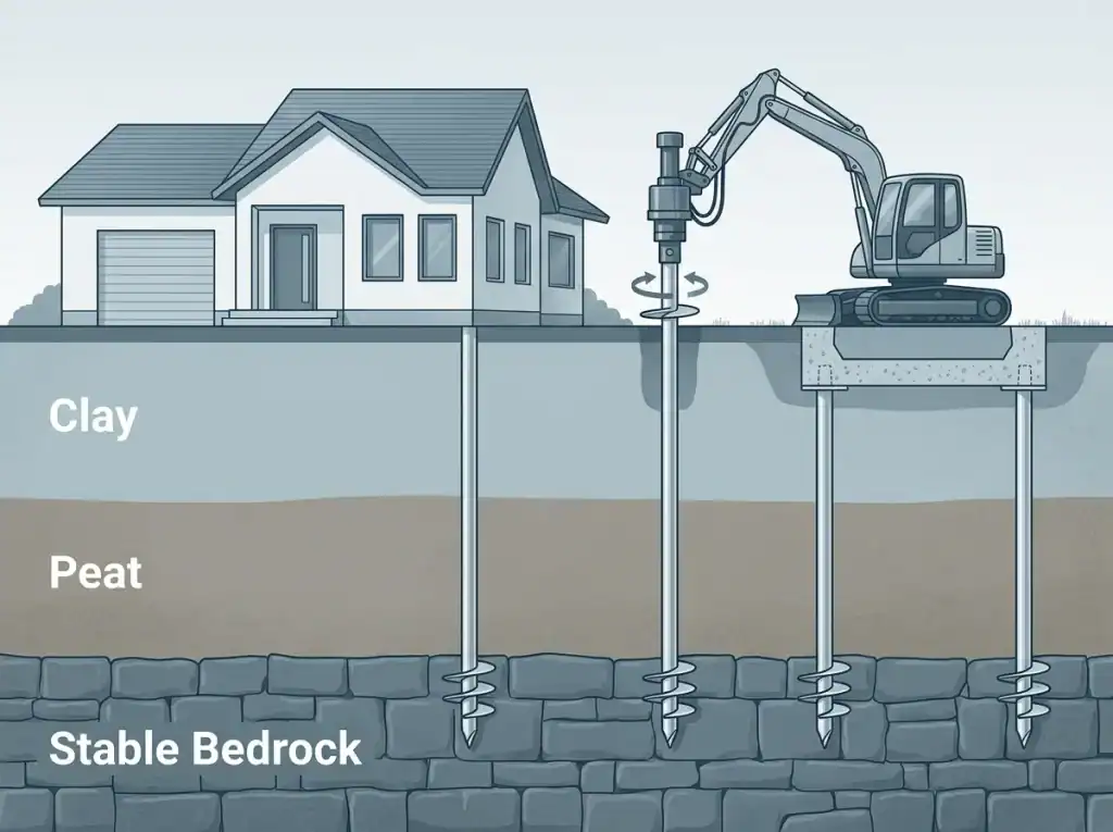 A cross-section diagram showing a residential home on the surface with steel helical piles being installed vertically into the soil layers below the foundation. The soil layers are labelled: clay, peat, and stable bedrock.